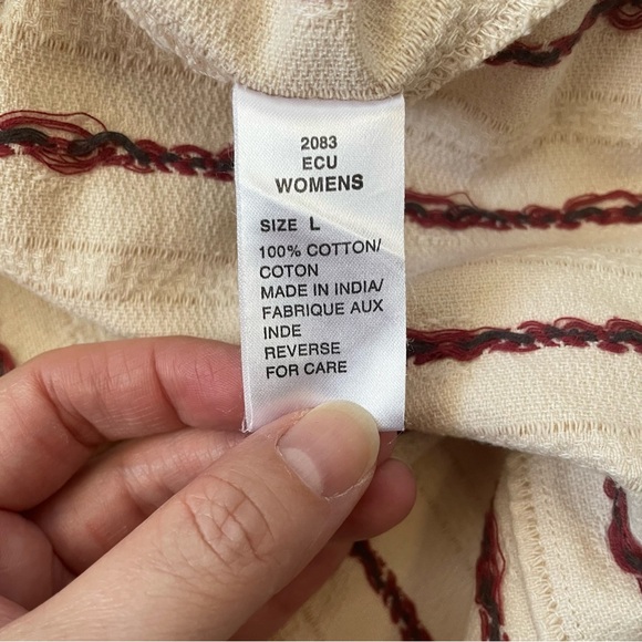 Vtg Woolrich Women’s Cream Burgundy/Red Tan Striped Cotton Button-Up Shirt Sz L - Picture 9 of 15